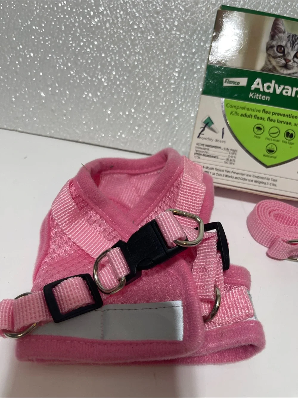 5/$25 Pink Reflective Kitten Harness/Leash Set and 1 month Advantage II